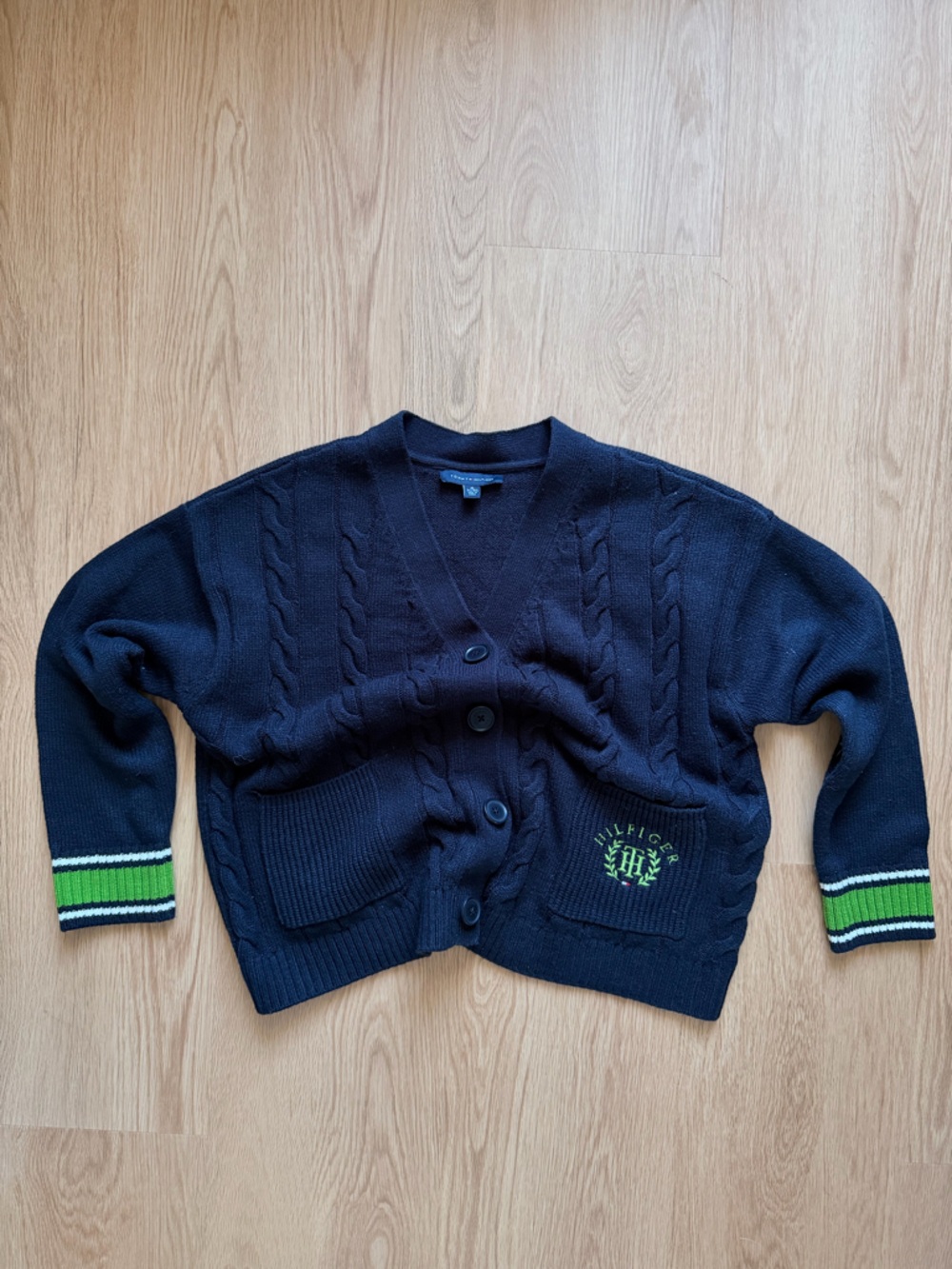 Tommy Hilfiger Navy Cable-Knit Cardigan with Green Trim